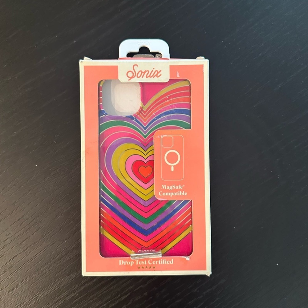 iPhone 14 Plus case, MagSafe compatible, colorful hearts, rainbow.